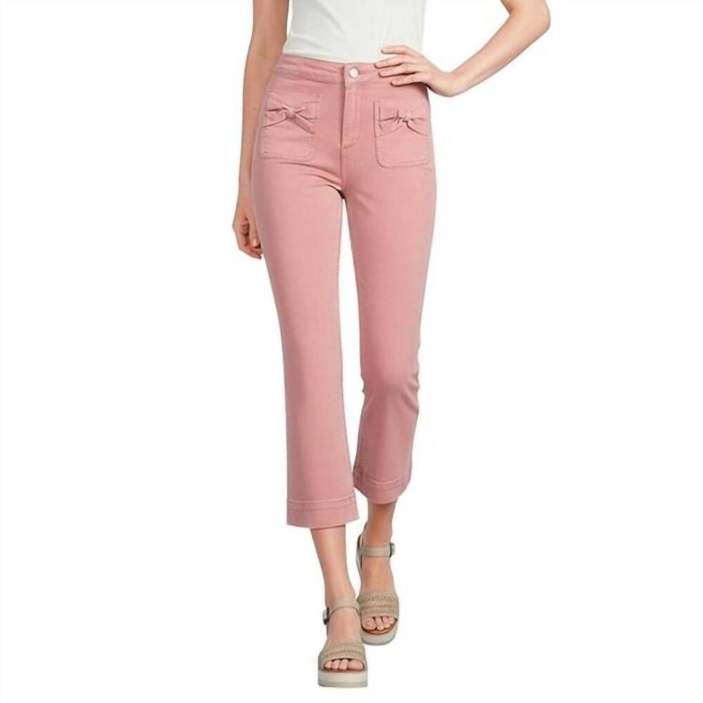 NEW CHARLIE B flare leg twill pants with bow patch pockets in peony